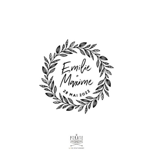 Tampon mariage couronne de feuilles, personnalisé avec vos prénoms police manuscrite