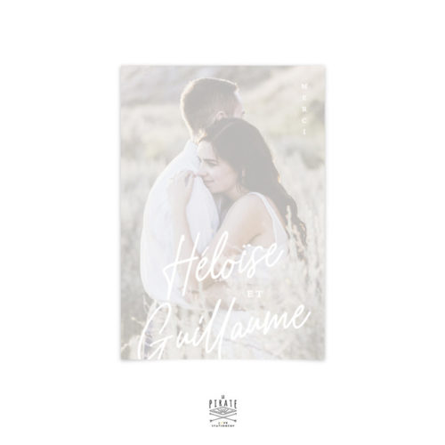 Carte remerciements mariage photo, calque et calligraphie impression blanc, collection Rosie, mariage élégant