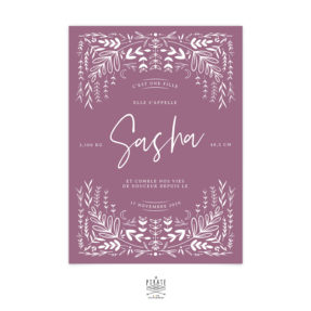 Faire-part naissance Russian doll, poupée russe impression en blanc sur papier de création bois de rose et blanc à personnaliser