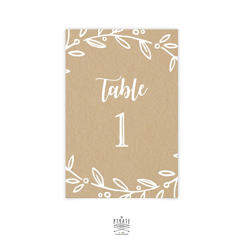 Numéro de table champêtre, Kraft et blanc. Collection couronne d'Olivier