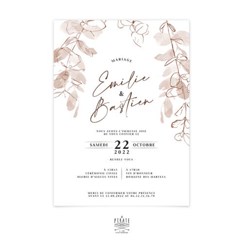 Faire-part mariage automne, eucalyptus - Collection bohème Sienne
