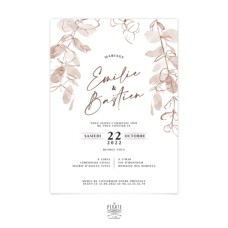 Faire-part mariage automne, eucalyptus - Collection bohème Sienne