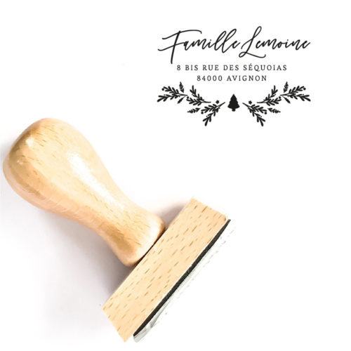 Tampon adresse famille, personnalisé. Motif sapin de Noël, fêtes de fin d'année