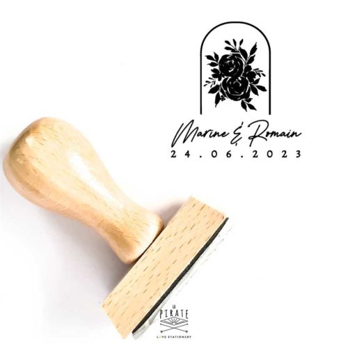 Tampon mariage bohème personnalisé, roses sous cloche et calligraphie, mariage bohème, fleuri