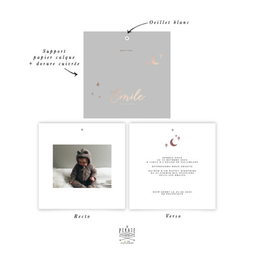 Faire-Part baptême photo, motif Lune -Composé d'un support calque carré + dorure cuivrée et carte d'invitation photo à superposer, collection Emile - La Pirate