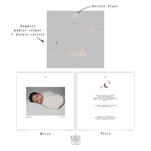 Faire-Part naissance photo, motif Lune -Composé d'un support calque carré + dorure cuivrée et carte d'invitation photo à superposer, collection Emile - La Pirate