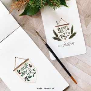 Carte de voeux Fanion herbier végétal "Joyeuses fêtes", illustration aquarelle peinte à la main - carte Noël
