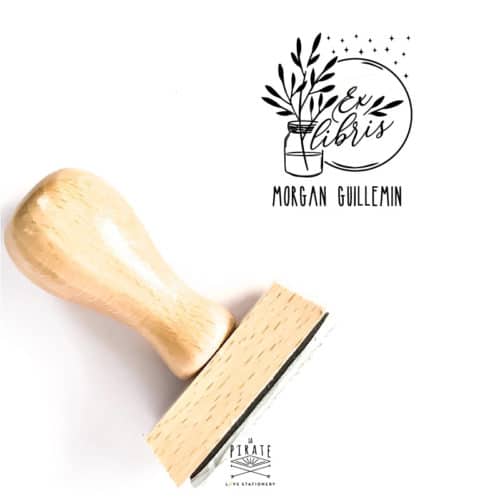 Tampon ex-libris, motif végétal en bocal, étoiles et calligraphie à personnaliser