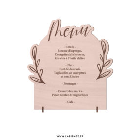 Menu bois à poser, forme arche et motif bohème, végétal - Menu mariage bois, déco mariage - La Pirate