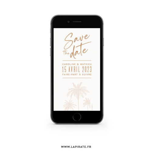 Save the date numérique mariage palmier, minimaliste, Version électronique | Collection Havana à personnaliser en ligne - La Pirate