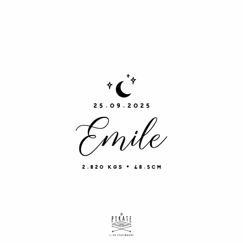 Tampon naissance personnalisé prénom, date, poids et taille de bébé, motif Lune - Collection Emile - La Pirate