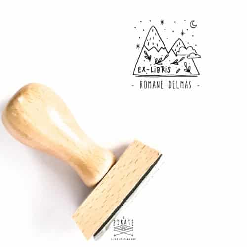 Tampon ex-libris montagne, neige, hiver personnalisé de votre nom, vintage, hivernal