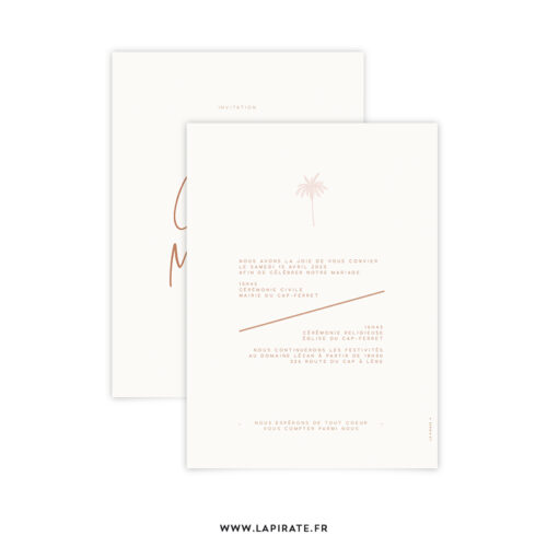 Faire-part recto-verso du kit invitation mariage composé du faire-part palmier graphique avec enveloppe, du carton-réponse et invitation au repas de la collection Havana
