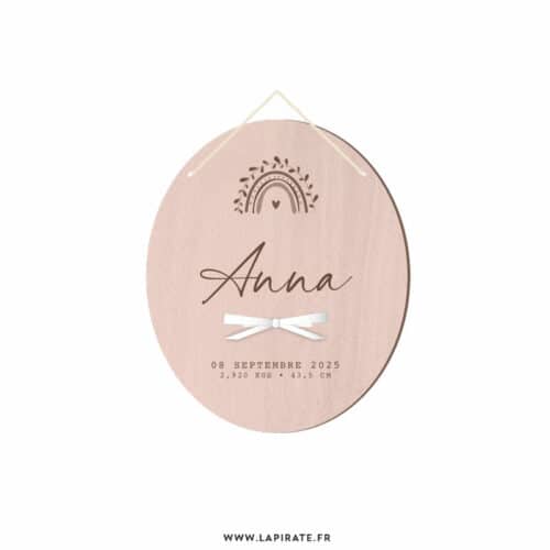 Pancarte de bois ovale arc-en-ciel végétal & ruban, personnalisée | Déco chambre enfant, idée cadeau naissance - La Pirate