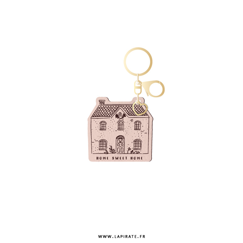 Porte-clés personnalisé médaille gravée bois Maison Home Sweet Home