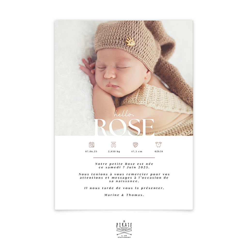 Faire-part naissance, avec photo et pictogrammes - modèle ROSE - à personnaliser en ligne pour annoncer la naissance de votre enfant avec élégance - La Pirate