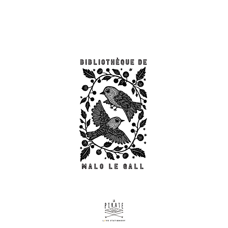 Tampon ex libris Birdies personnalisé, tampon pour vos livres illustrés d'un couple d'oiseaux folk, floral, végétal - idée cadeau - La Pirate