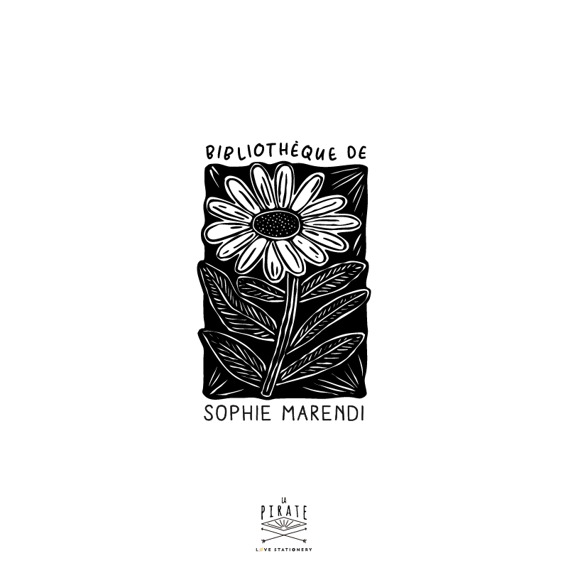Tampon ex libris pâquerette, fleur style gravure - Tampon pour livre à personnaliser de votre nom - La Pirate