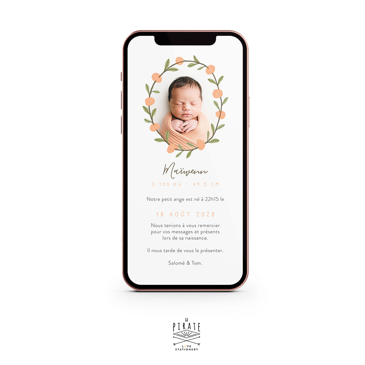 Faire-part naissance numérique avec photo de bébé entourée d'une couronne de mandarines colorées, prénom et informations de naissance, format vertical pour envoi digital, dématérialisé. Faire-part électronique à envoyer par mail / SMS