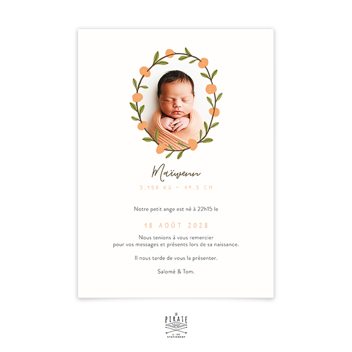 Faire-part de naissance personnalisé au motif couronne de mandarines. Design moderne et acidulé pour annoncer l'arrivée de bébé avec originalité. Faire-part naissance photo - La Pirate