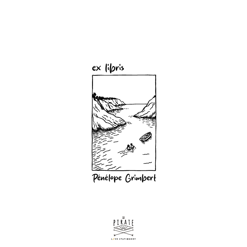 Tampon ex libris Calanque personnalisé - tampon pour livres illustré d'un couple de nageur se baignant dans une crique méditerranéenne, falaises. Tampon à personnaliser de votre nom pour estampiller vos livres - Idée cadeau originale - La Pirate